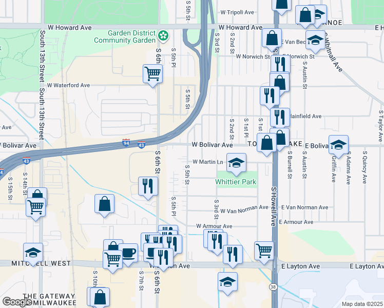 map of restaurants, bars, coffee shops, grocery stores, and more near 4322 South 5th Street in Milwaukee