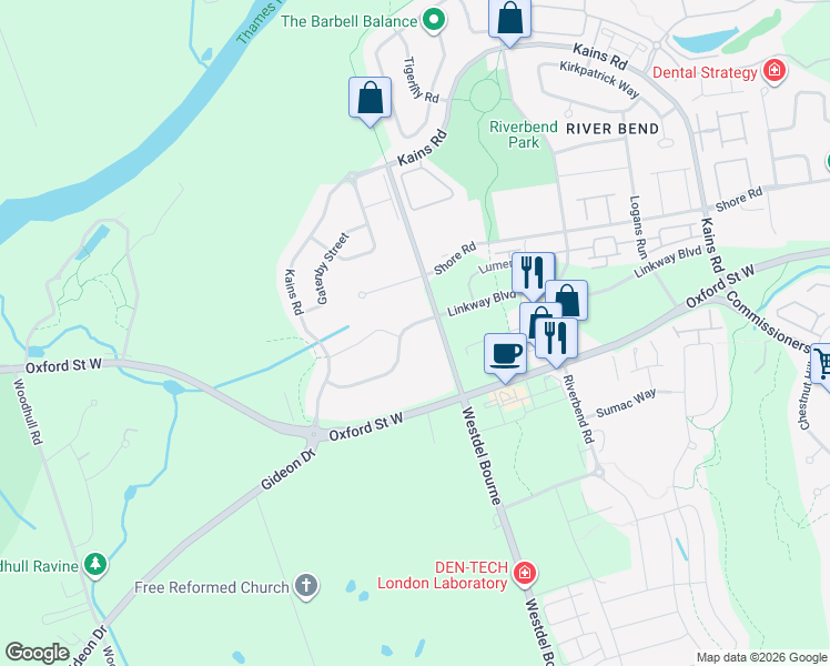 map of restaurants, bars, coffee shops, grocery stores, and more near 2129 Linkway Boulevard in London