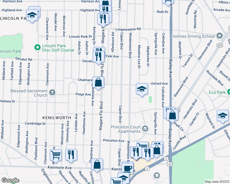map of restaurants, bars, coffee shops, grocery stores, and more near 383 Allenhurst Road in Buffalo