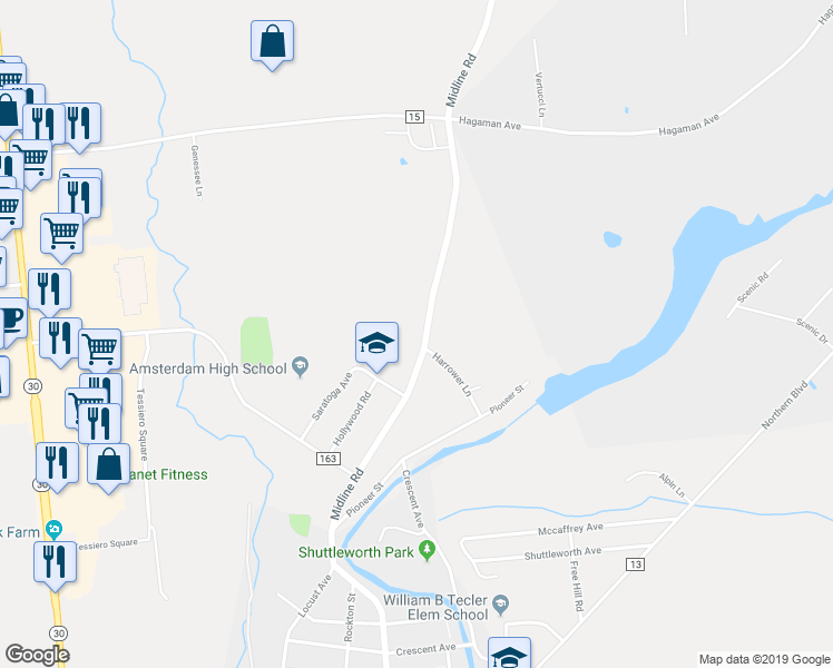 map of restaurants, bars, coffee shops, grocery stores, and more near 1388 Midline Road in Amsterdam