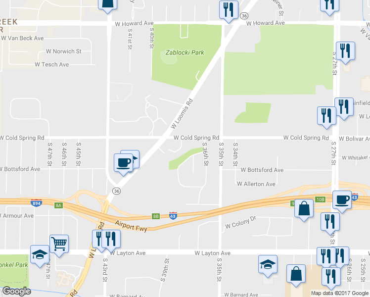 map of restaurants, bars, coffee shops, grocery stores, and more near 4330 South 38th Street in Greenfield