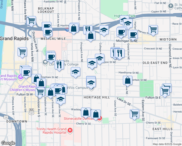 map of restaurants, bars, coffee shops, grocery stores, and more near 421 Fountain Street Northeast in Grand Rapids