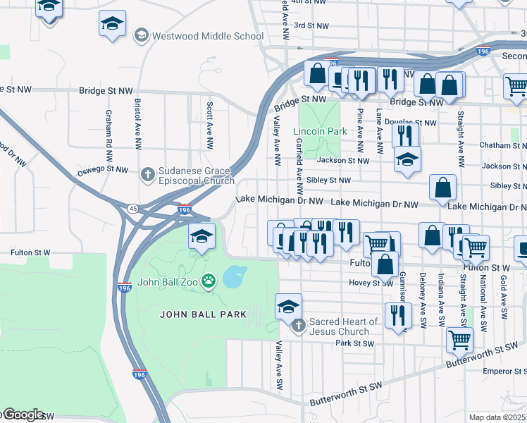 map of restaurants, bars, coffee shops, grocery stores, and more near 76 Richards Avenue Northwest in Grand Rapids