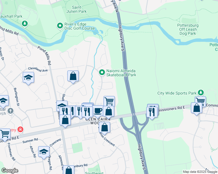 map of restaurants, bars, coffee shops, grocery stores, and more near 18 Phair Crescent in London