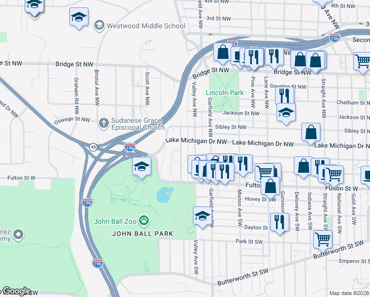 map of restaurants, bars, coffee shops, grocery stores, and more near 76 Richards Avenue Northwest in Grand Rapids