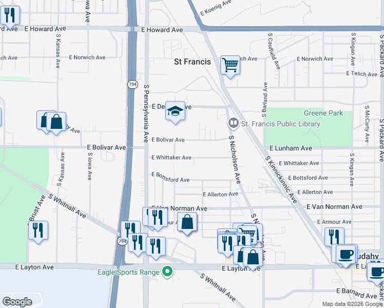 map of restaurants, bars, coffee shops, grocery stores, and more near 2704 East Whittaker Avenue in Saint Francis