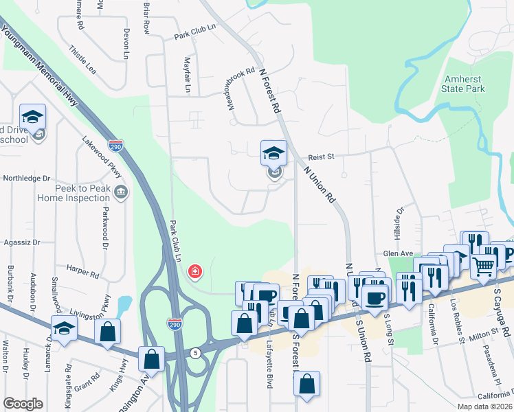 map of restaurants, bars, coffee shops, grocery stores, and more near 40 Scamridge Curve in Buffalo