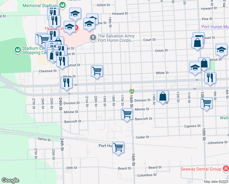 map of restaurants, bars, coffee shops, grocery stores, and more near 1700 18th Street in Port Huron