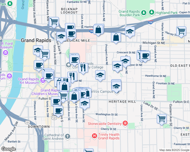 map of restaurants, bars, coffee shops, grocery stores, and more near 119 Lafayette Avenue Northeast in Grand Rapids
