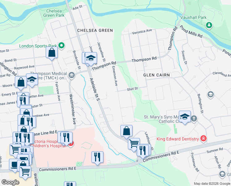 map of restaurants, bars, coffee shops, grocery stores, and more near 163 Emerson Avenue in London