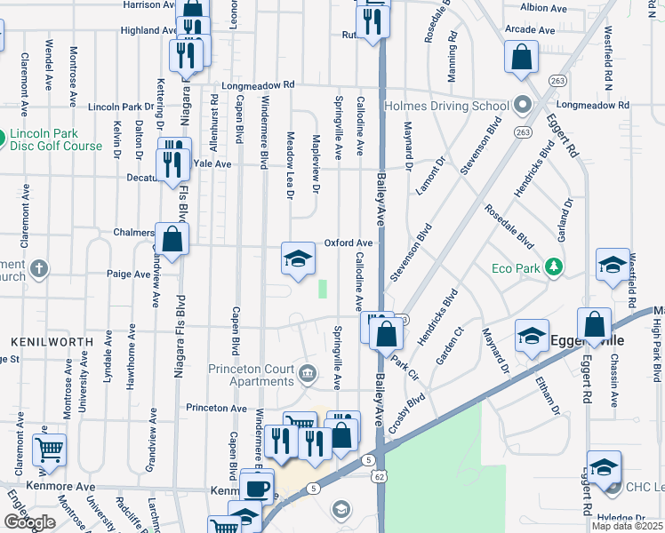 map of restaurants, bars, coffee shops, grocery stores, and more near 264 Springville Avenue in Buffalo
