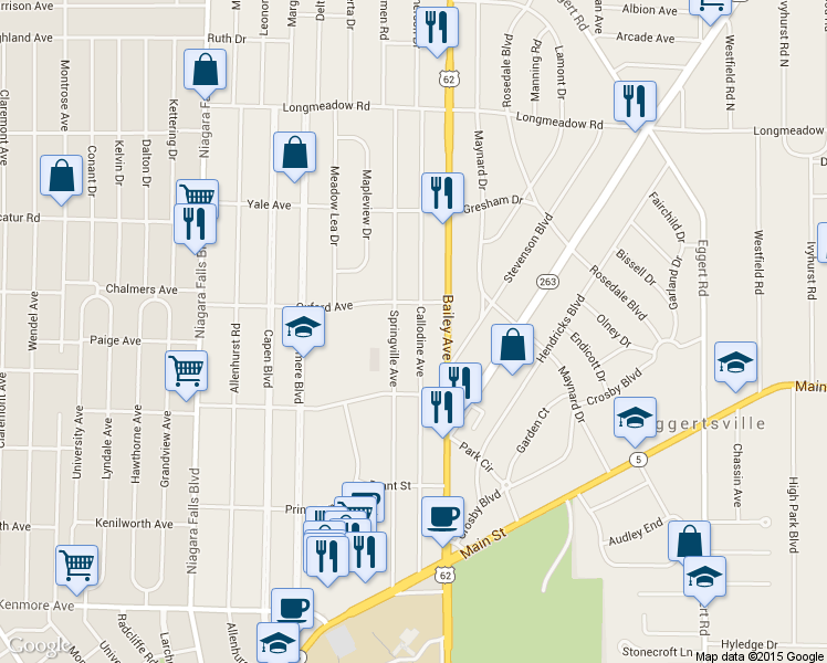 map of restaurants, bars, coffee shops, grocery stores, and more near 251 Callodine Avenue in Buffalo