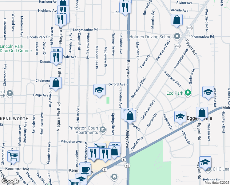 map of restaurants, bars, coffee shops, grocery stores, and more near 264 Springville Avenue in Buffalo