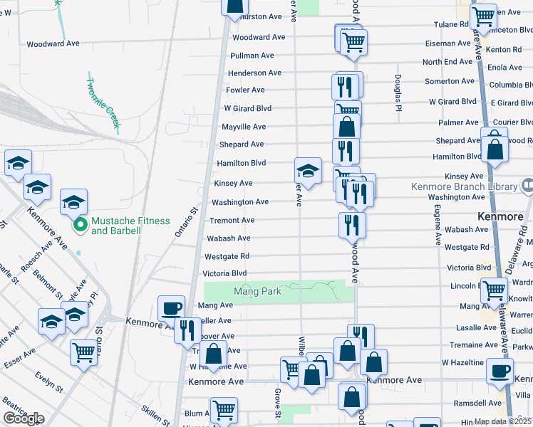 map of restaurants, bars, coffee shops, grocery stores, and more near 339 Tremont Avenue in Kenmore