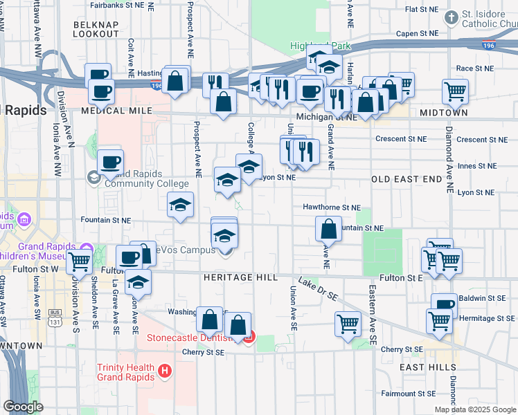 map of restaurants, bars, coffee shops, grocery stores, and more near 127 Campbell Place Northeast in Grand Rapids