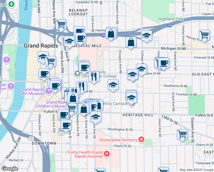 map of restaurants, bars, coffee shops, grocery stores, and more near 119 Lafayette Avenue Northeast in Grand Rapids