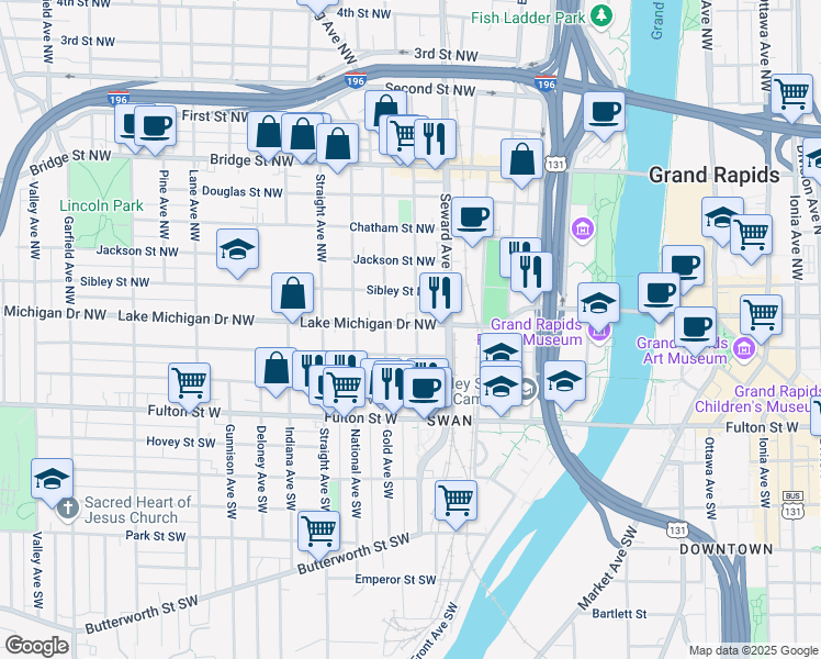 map of restaurants, bars, coffee shops, grocery stores, and more near 648 Lake Michigan Drive Northwest in Grand Rapids