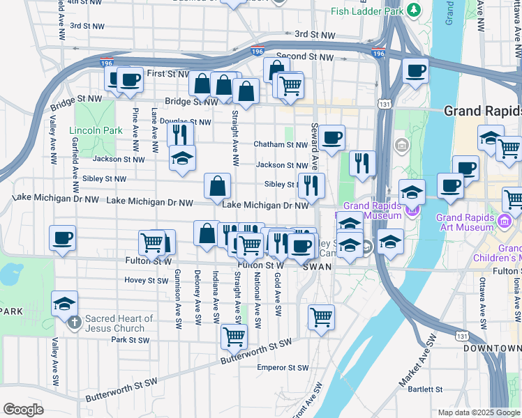 map of restaurants, bars, coffee shops, grocery stores, and more near 124 National Avenue Northwest in Grand Rapids