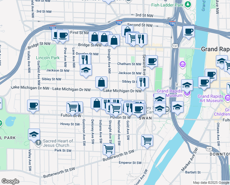 map of restaurants, bars, coffee shops, grocery stores, and more near 758 Lake Michigan Drive Northwest in Grand Rapids