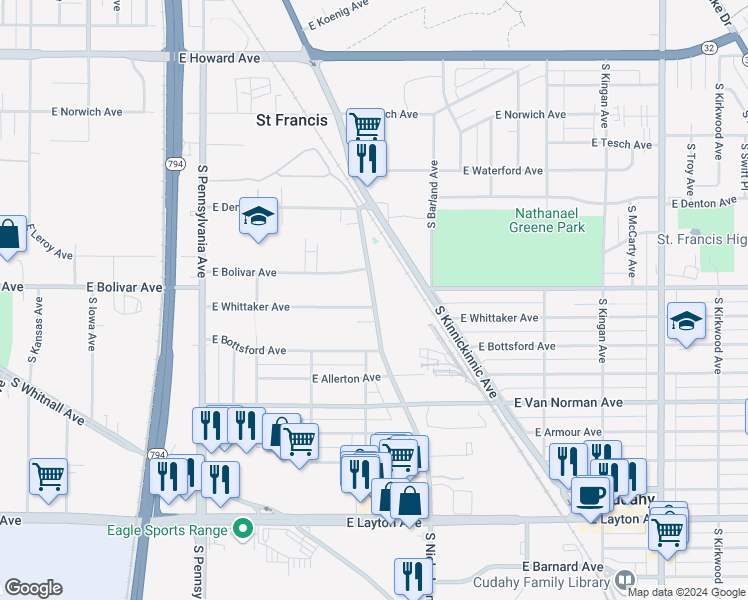 map of restaurants, bars, coffee shops, grocery stores, and more near 2926 East Whittaker Avenue in Saint Francis