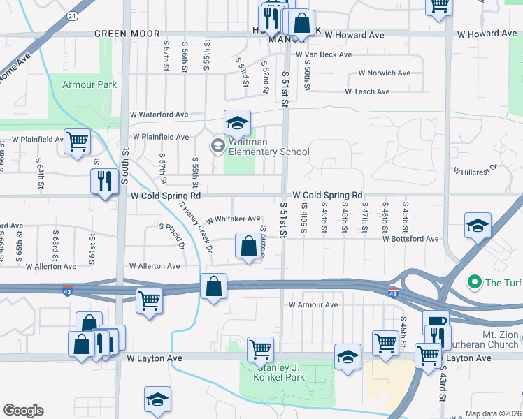 map of restaurants, bars, coffee shops, grocery stores, and more near 5212 West Whitaker Avenue in Greenfield
