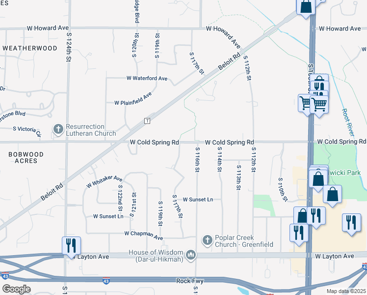 map of restaurants, bars, coffee shops, grocery stores, and more near 11701 West Cold Spring Road in Greenfield