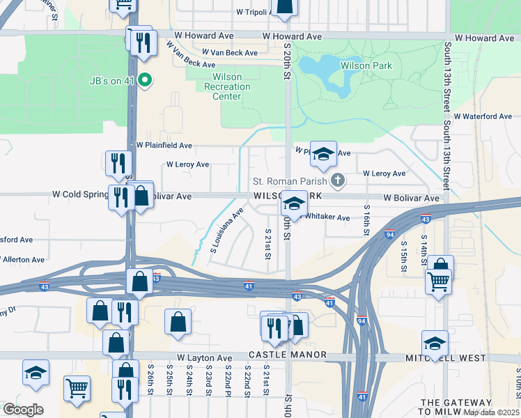 map of restaurants, bars, coffee shops, grocery stores, and more near 2116 West Whitaker Avenue in Milwaukee