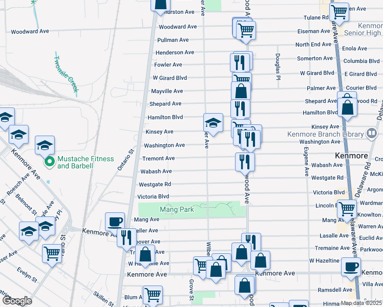 map of restaurants, bars, coffee shops, grocery stores, and more near 339 Tremont Avenue in Kenmore