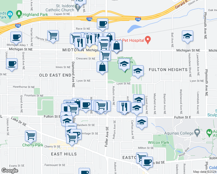 map of restaurants, bars, coffee shops, grocery stores, and more near 132 Fuller Avenue Northeast in Grand Rapids