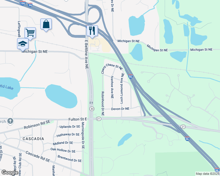 map of restaurants, bars, coffee shops, grocery stores, and more near 155 Ivanhoe Avenue Northeast in Grand Rapids