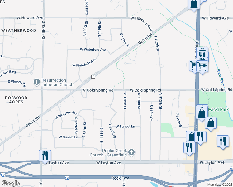 map of restaurants, bars, coffee shops, grocery stores, and more near 11701 West Cold Spring Road in Greenfield