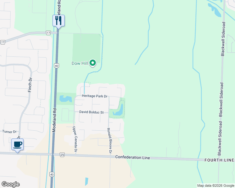 map of restaurants, bars, coffee shops, grocery stores, and more near 1622 Heritage Park Drive in Sarnia