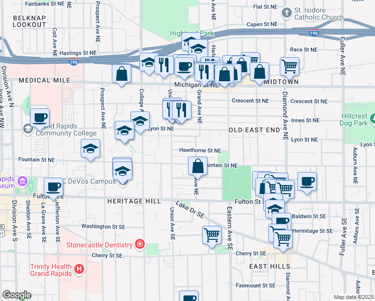 map of restaurants, bars, coffee shops, grocery stores, and more near 635 Hawthorne Street Northeast in Grand Rapids