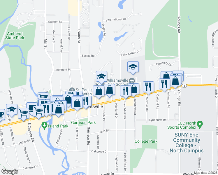 map of restaurants, bars, coffee shops, grocery stores, and more near 50 Rinewalt Street in Buffalo