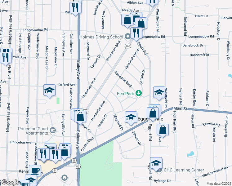map of restaurants, bars, coffee shops, grocery stores, and more near 67 Endicott Drive in Buffalo