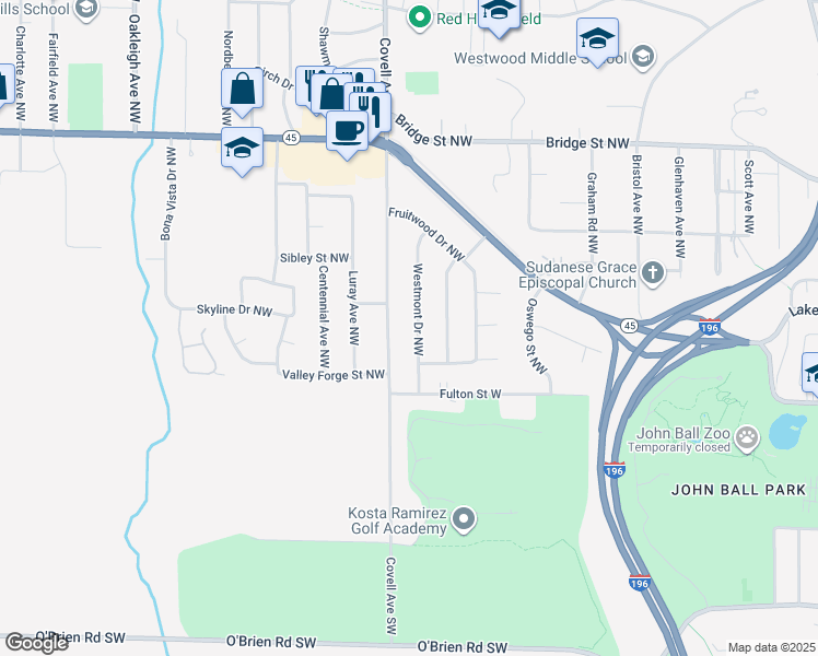 map of restaurants, bars, coffee shops, grocery stores, and more near 81 Westmont Drive Northwest in Grand Rapids