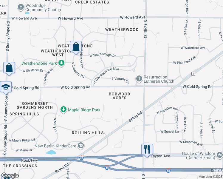 map of restaurants, bars, coffee shops, grocery stores, and more near 12775 West Cold Spring Road in New Berlin