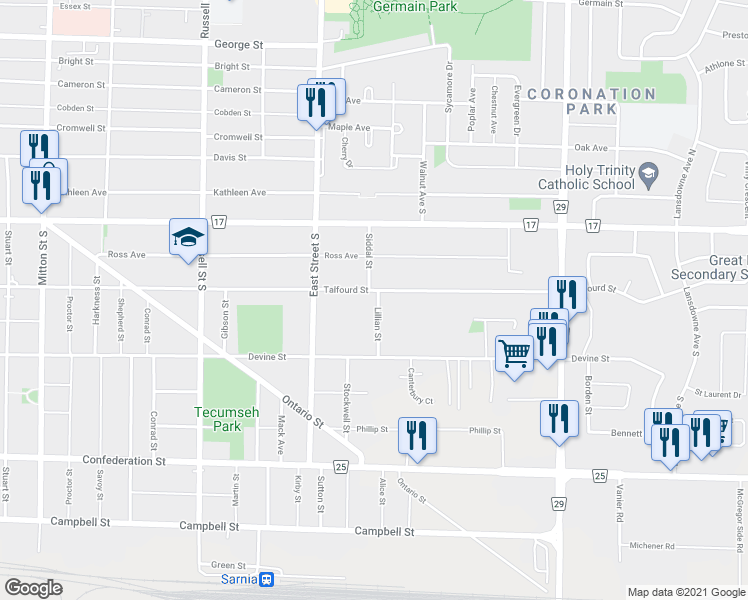 map of restaurants, bars, coffee shops, grocery stores, and more near 755 Talfourd Street in Sarnia