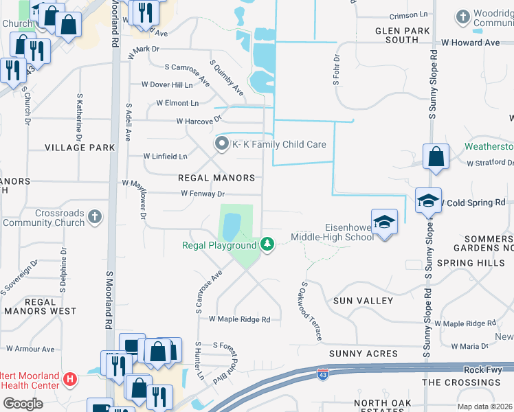map of restaurants, bars, coffee shops, grocery stores, and more near 4305 South Regal Drive in New Berlin