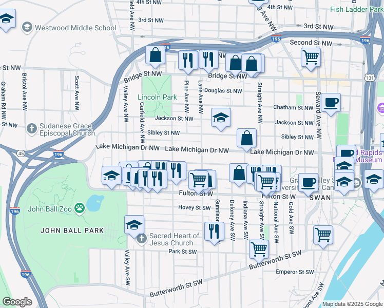 map of restaurants, bars, coffee shops, grocery stores, and more near 1022 Lake Michigan Drive Northwest in Grand Rapids