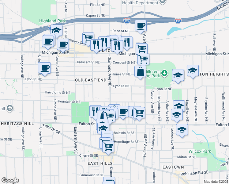map of restaurants, bars, coffee shops, grocery stores, and more near 1011 Vernon Street Northeast in Grand Rapids