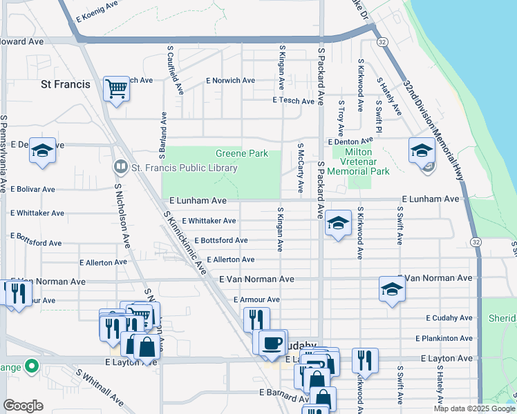 map of restaurants, bars, coffee shops, grocery stores, and more near 3435 East Lunham Avenue in Cudahy
