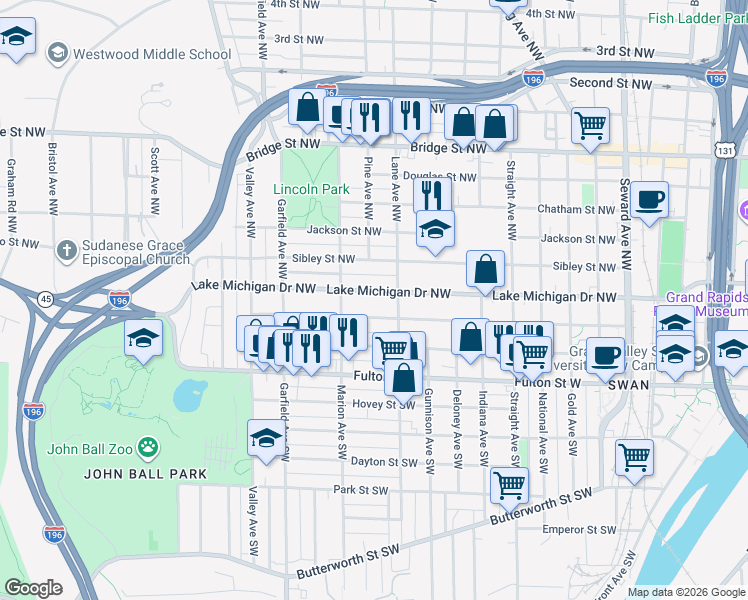 map of restaurants, bars, coffee shops, grocery stores, and more near 1022 Lake Michigan Drive Northwest in Grand Rapids