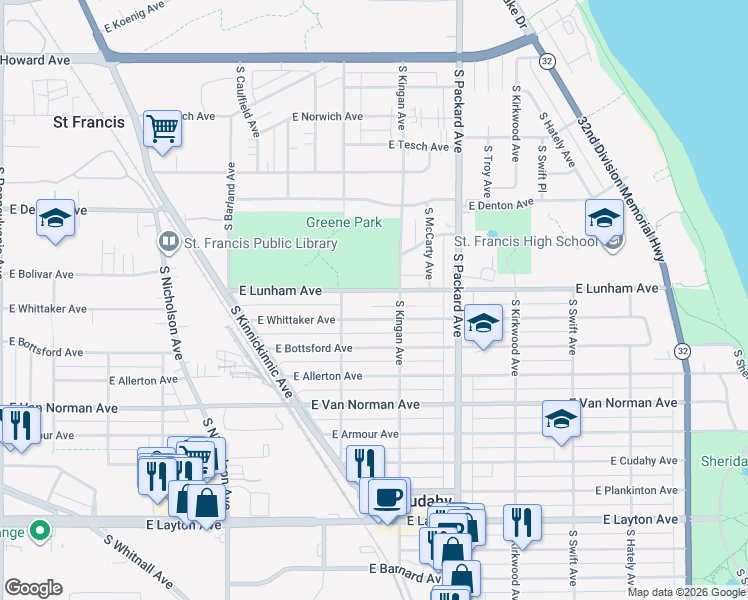 map of restaurants, bars, coffee shops, grocery stores, and more near 3435 East Lunham Avenue in Cudahy