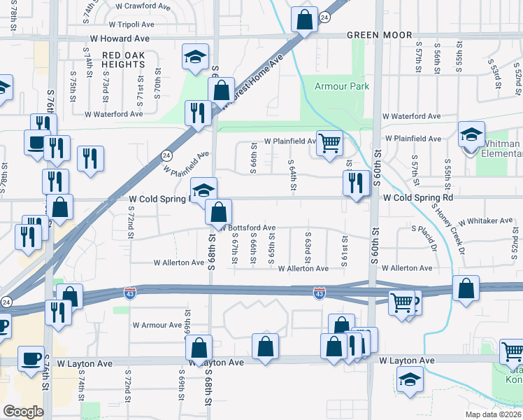 map of restaurants, bars, coffee shops, grocery stores, and more near 6439 West Cold Spring Road in Greenfield