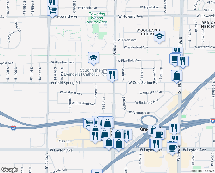 map of restaurants, bars, coffee shops, grocery stores, and more near 4305 South 84th Street in Greenfield