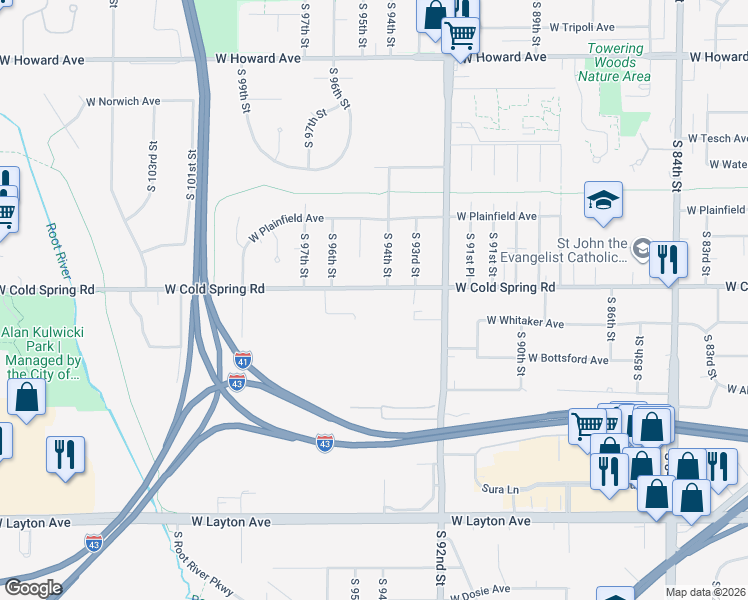 map of restaurants, bars, coffee shops, grocery stores, and more near 9331 West Cold Spring Road in Greenfield