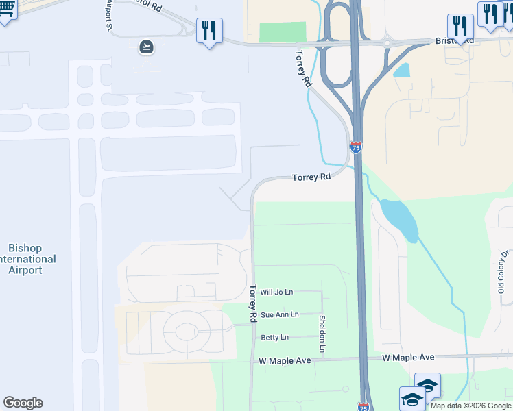 map of restaurants, bars, coffee shops, grocery stores, and more near 4267 Torrey Road in Flint