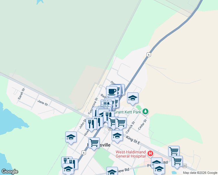 map of restaurants, bars, coffee shops, grocery stores, and more near 16 Victoria Street in Hagersville