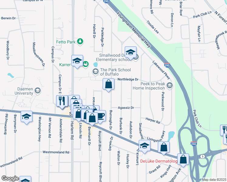 map of restaurants, bars, coffee shops, grocery stores, and more near 151 Burroughs Drive in Buffalo